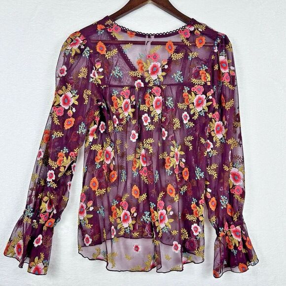 Anthropologie Feather Bone Girardla Top XS Burgundy Embroidered Sheer Mesh Boho - Picture 6 of 9